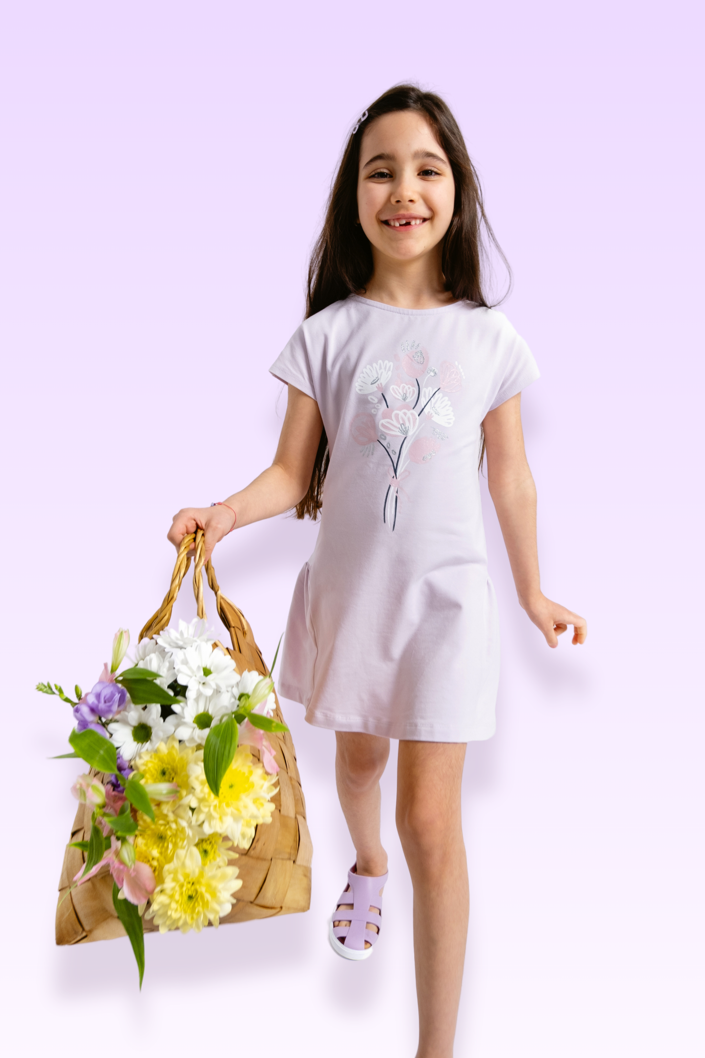 Cherubino "A-Line Charm" Floral Print Dress for Girls in Lavender