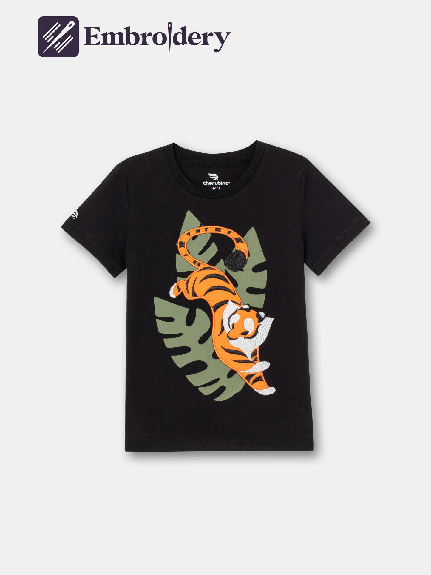 Short Sleeve T-Shirt with (Jumping Tiger) Applique Emboidery - Black