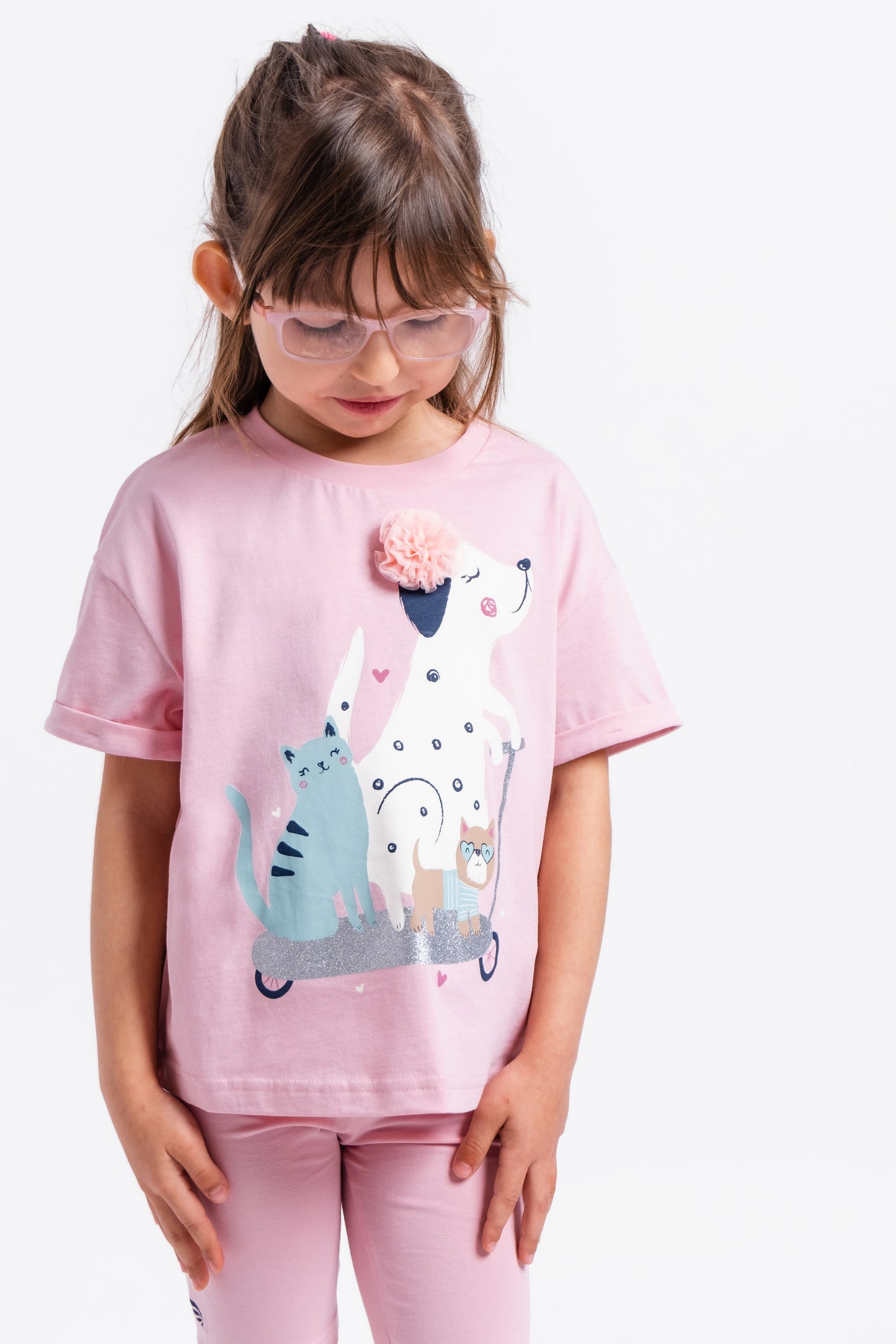 Short Sleeve T-Shirt With (Animal Friends) Embellished & Glitter Graphic - Pink