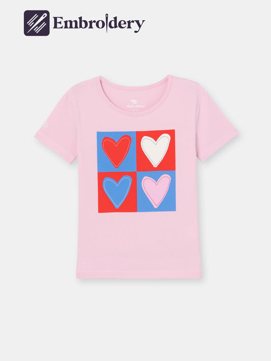 Short Sleeve T-Shirt with (Heart) Graphic and Emboidery - Pink