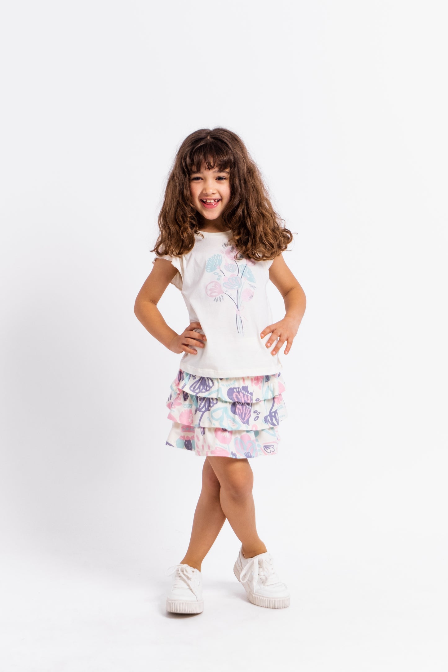 Cherubino Girls' Flutter Sleeve Floral Bouquet Tee in Ecru