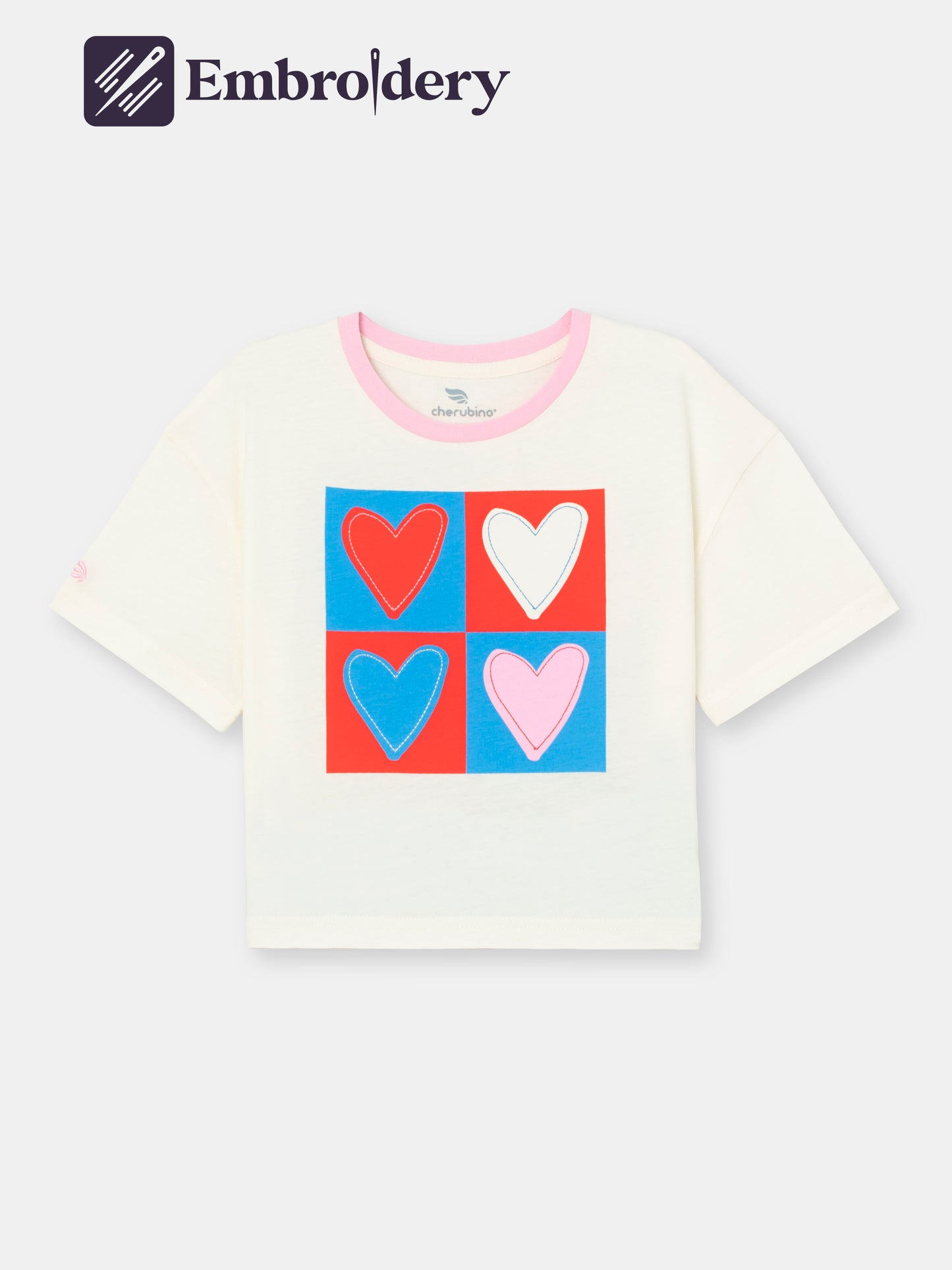 Boxy Short Sleeve T-Shirt with (Heart) Graphic and Embroidery - Ecru