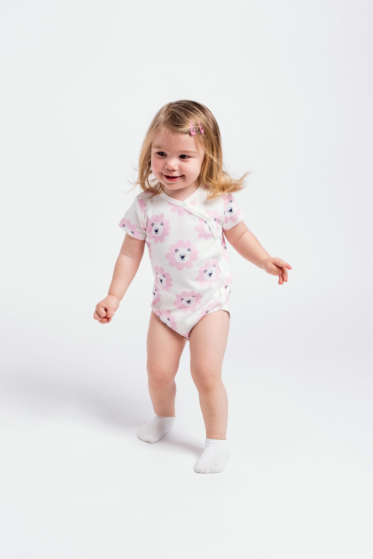 Short Sleeve Wrap Front Bodysuit with (Floral Lion) Pattern - White