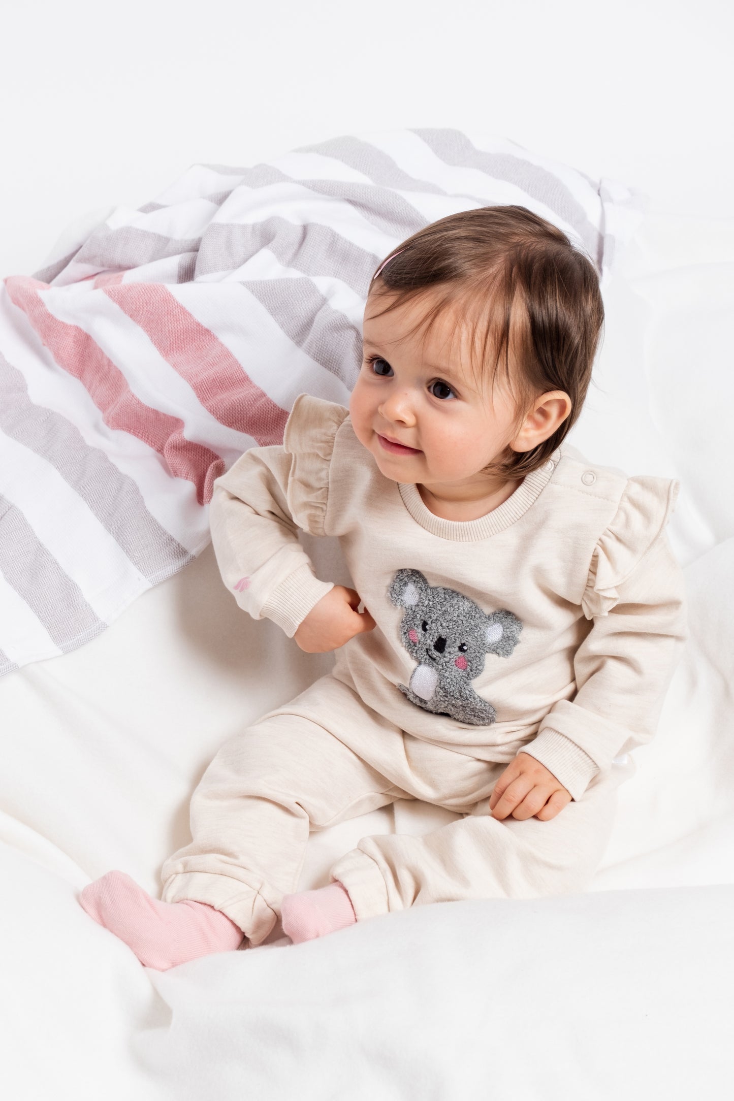 Two Piece Chenille (Koala) Embroidery Flutter Sweatshirt & Jogger Set - Ecru