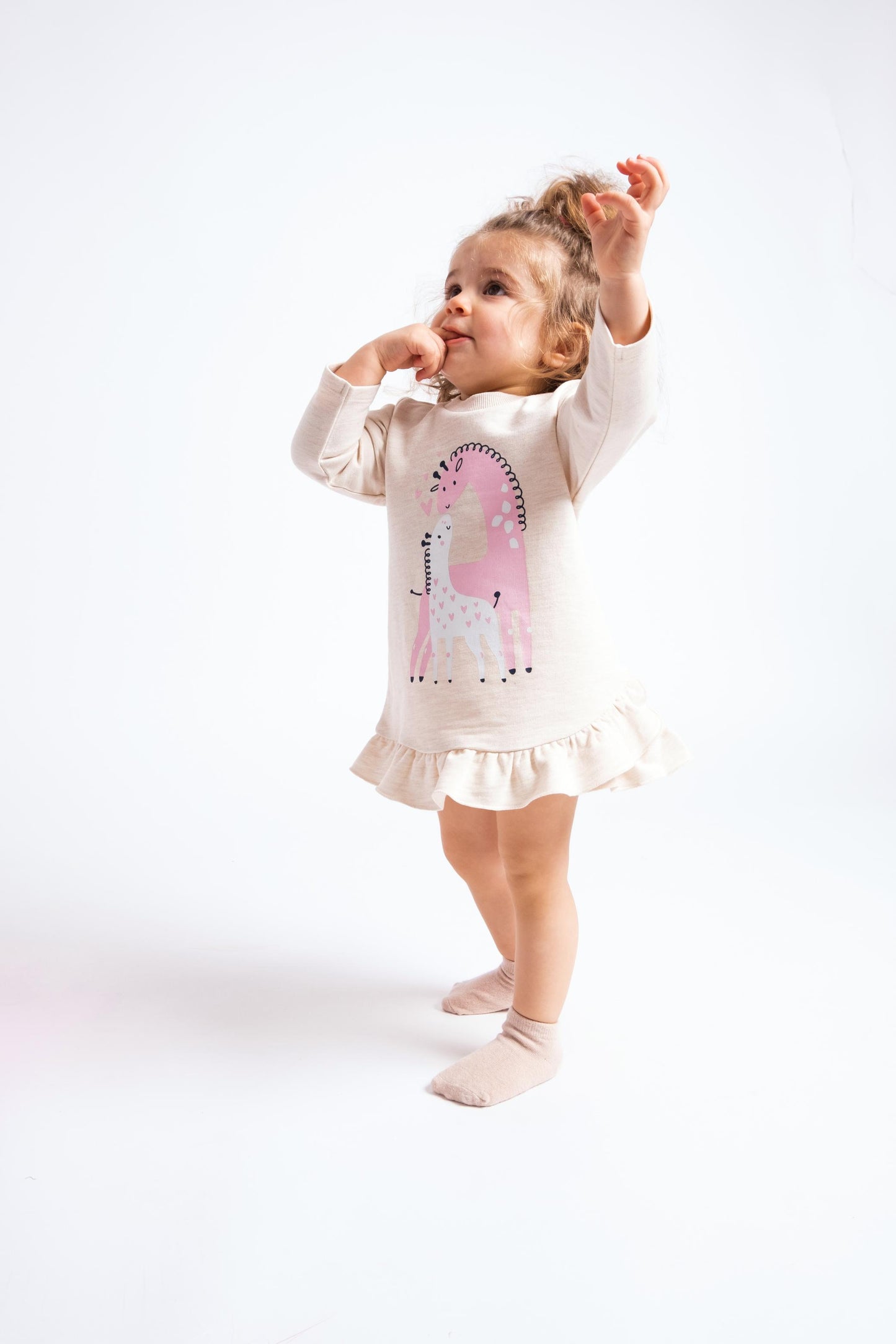 Short Sleeve Flutter Trim Dress with (Baby Kiss) Graphic - Ecru