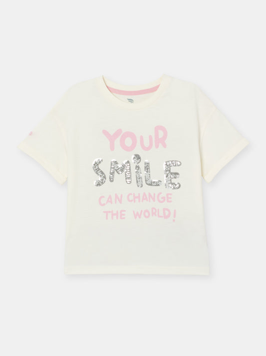 Short Sleeve T-Shirt With Phrase Sequin Graphic - Ecru